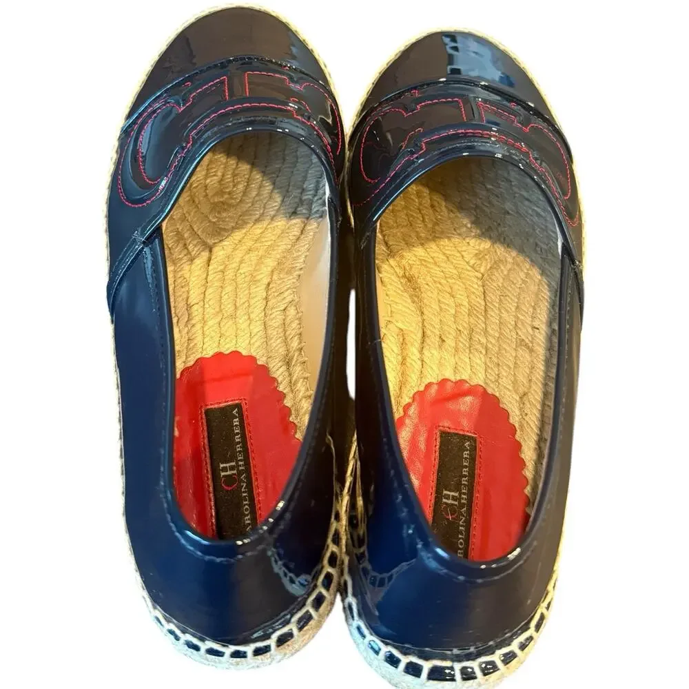 CH Carolina Herrera Initials Insignia Patent Leather Espadrilles Flats Size 39